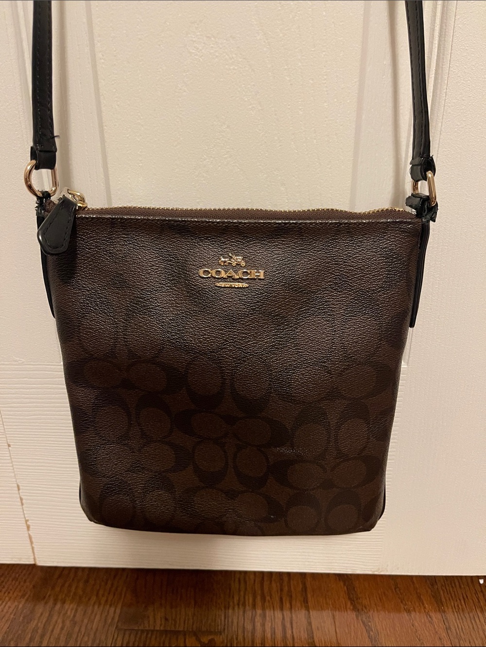 Coach Dark Brown Signature Crossbody Bag with Black Strap
